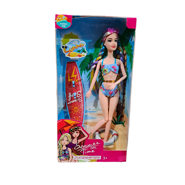 MUÑECA T/BARBIE TRAJE BAÑO C/TABLA SURF CAJ 5803H