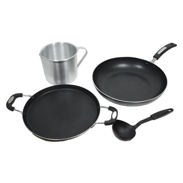 JGO 4 PZ SARTEN 30CM ANTIAD PREM S/T COMAL 28CM/LECHERO ALUM+CUCHA PLAS ALSASA JUANTEV197