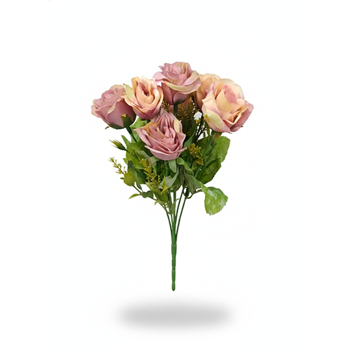 [15015868] RAMO 6 ROSAS SEMI ABIERTAS C/FOLLAJE PLAS+HOJAS COL SURT AM-596